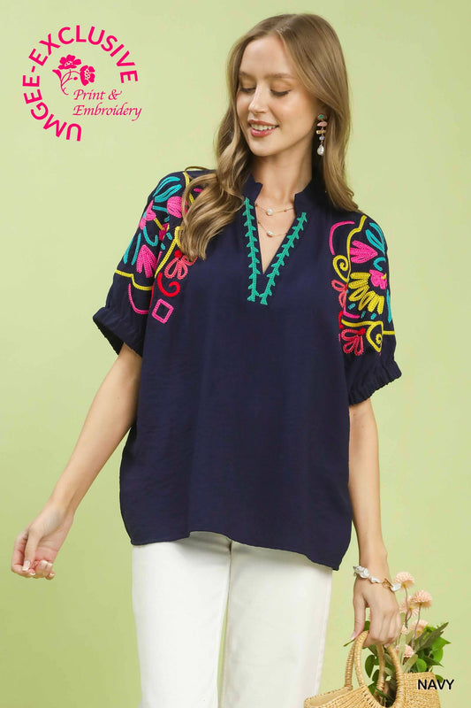 FLORAL SLEEVE NAVY TOP