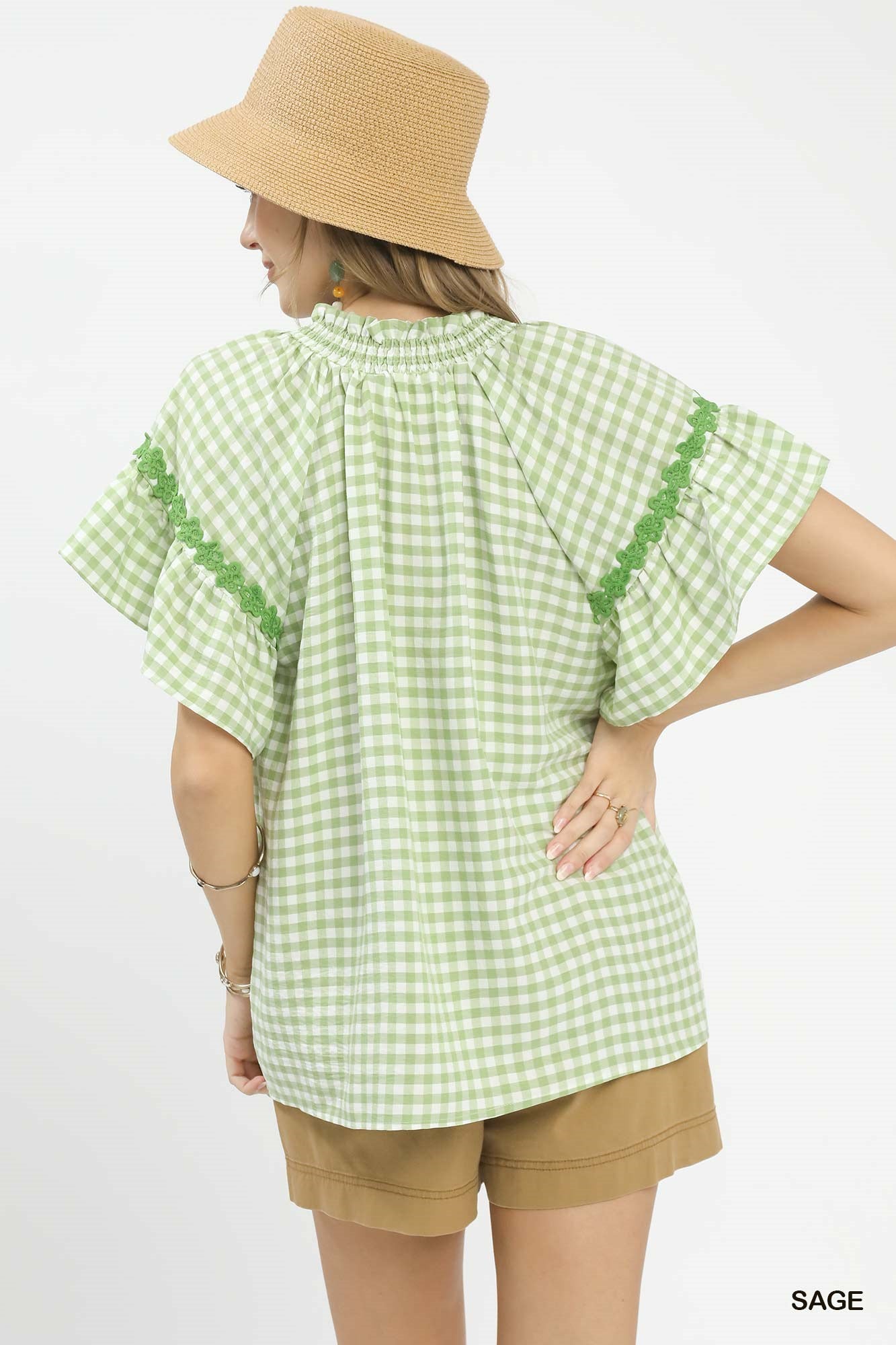 GINGHAM LACE SAGE TOP