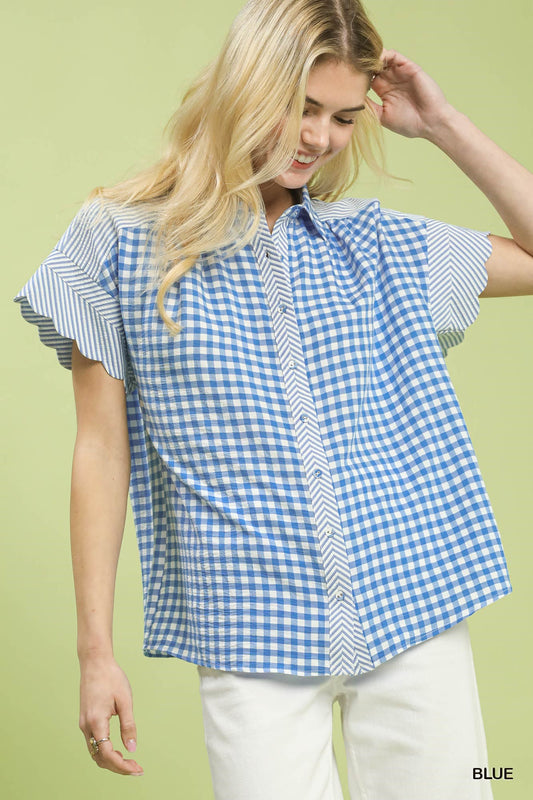 MIXED GINGHAM BLUE TOP