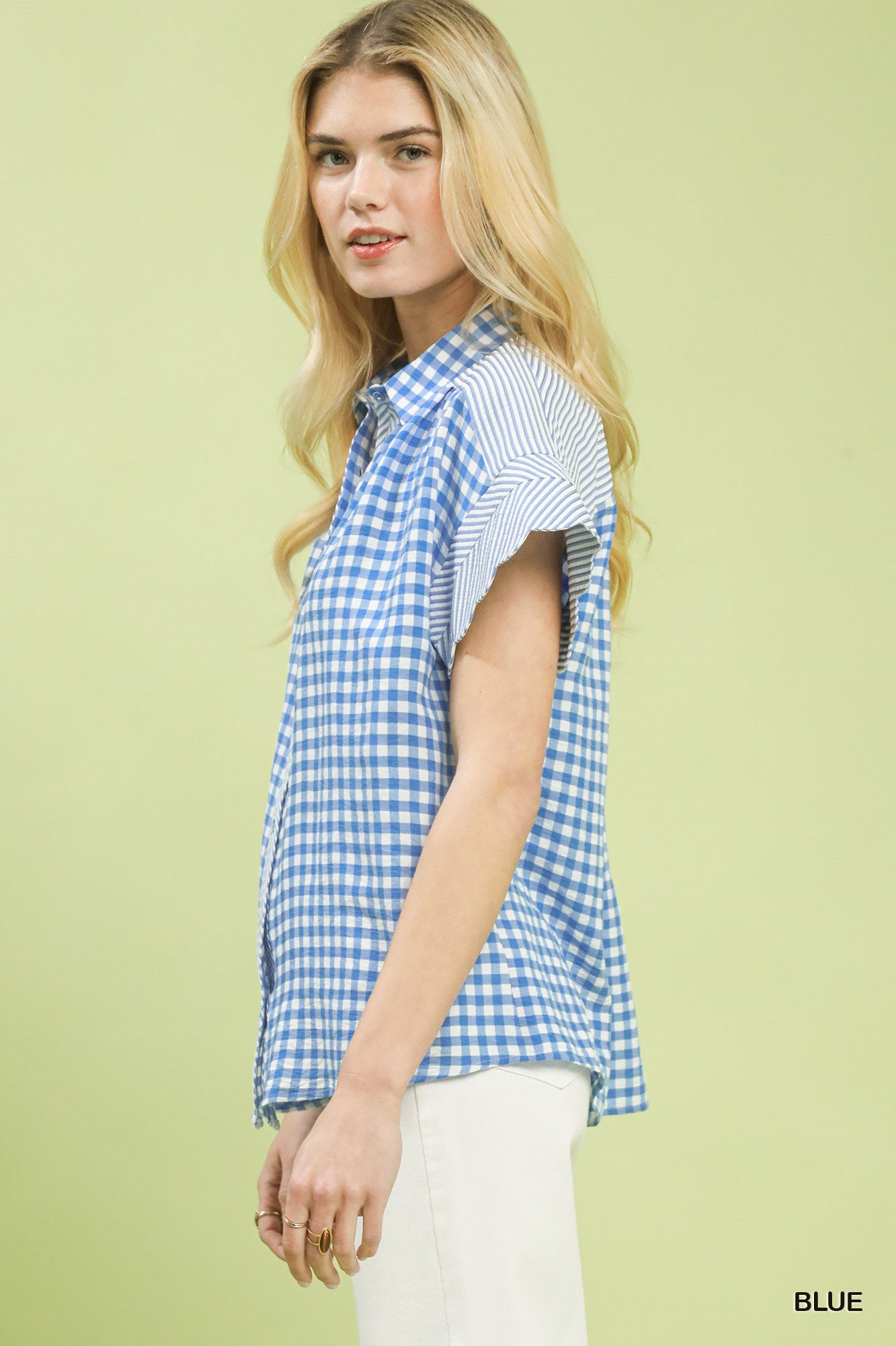 MIXED GINGHAM BLUE TOP