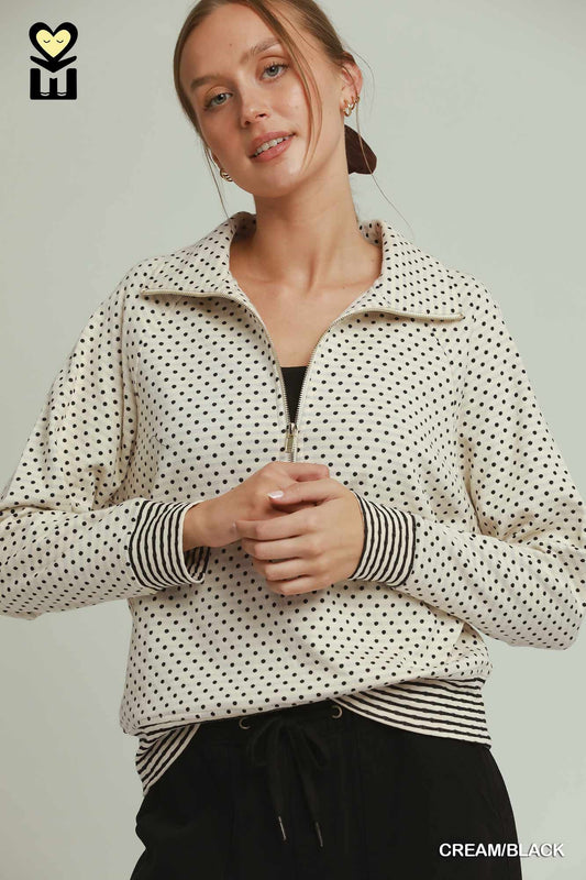 POLKA-DOT CREAM.BLACK ZIP TOP