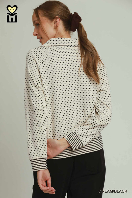 POLKA-DOT CREAM.BLACK ZIP TOP