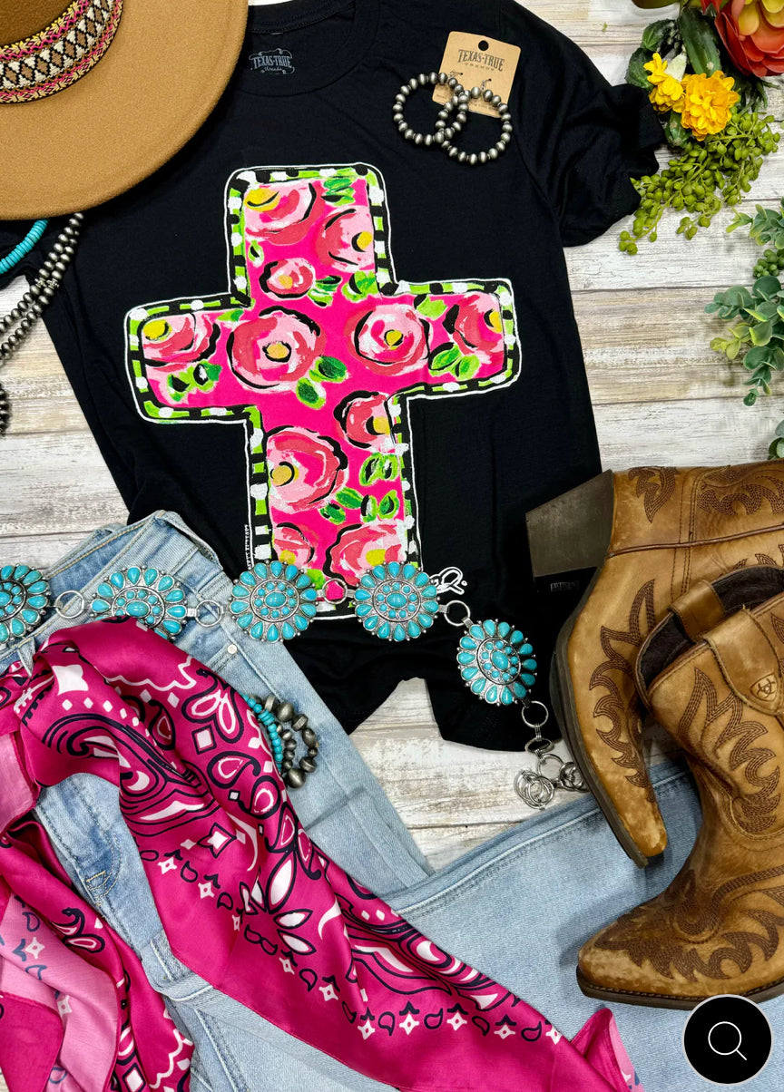 Callie’s Pink Floral Cross Tee