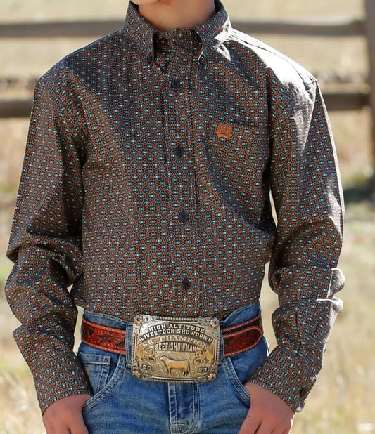CINCH BOYS BROWN PRINT LS