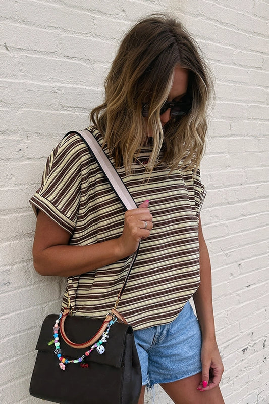 TEXTURED BROWN STRIPE CREW NECK TOP