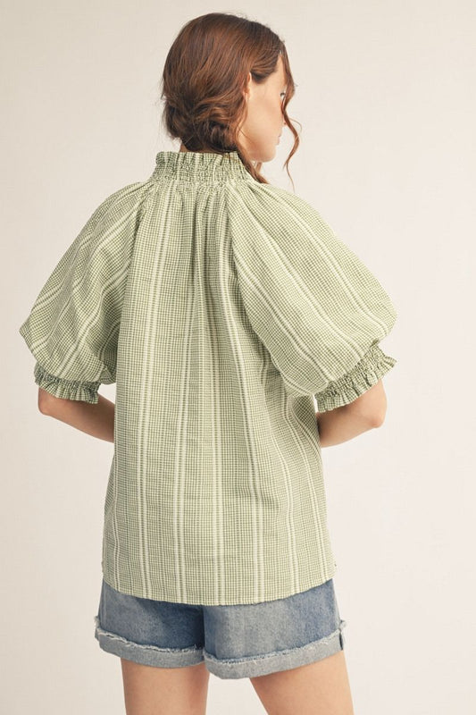 NOTCHED STRIPE SAGE TOP