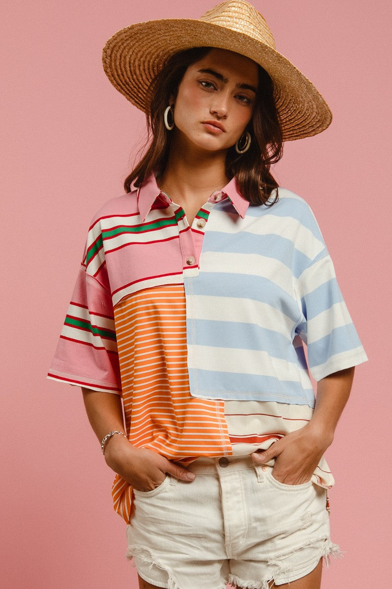 MIX STRIPE COLLAR TOP