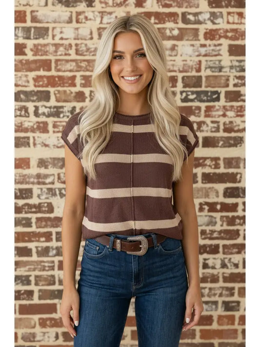 SIMPLE STRIPE BROWN SS TOP