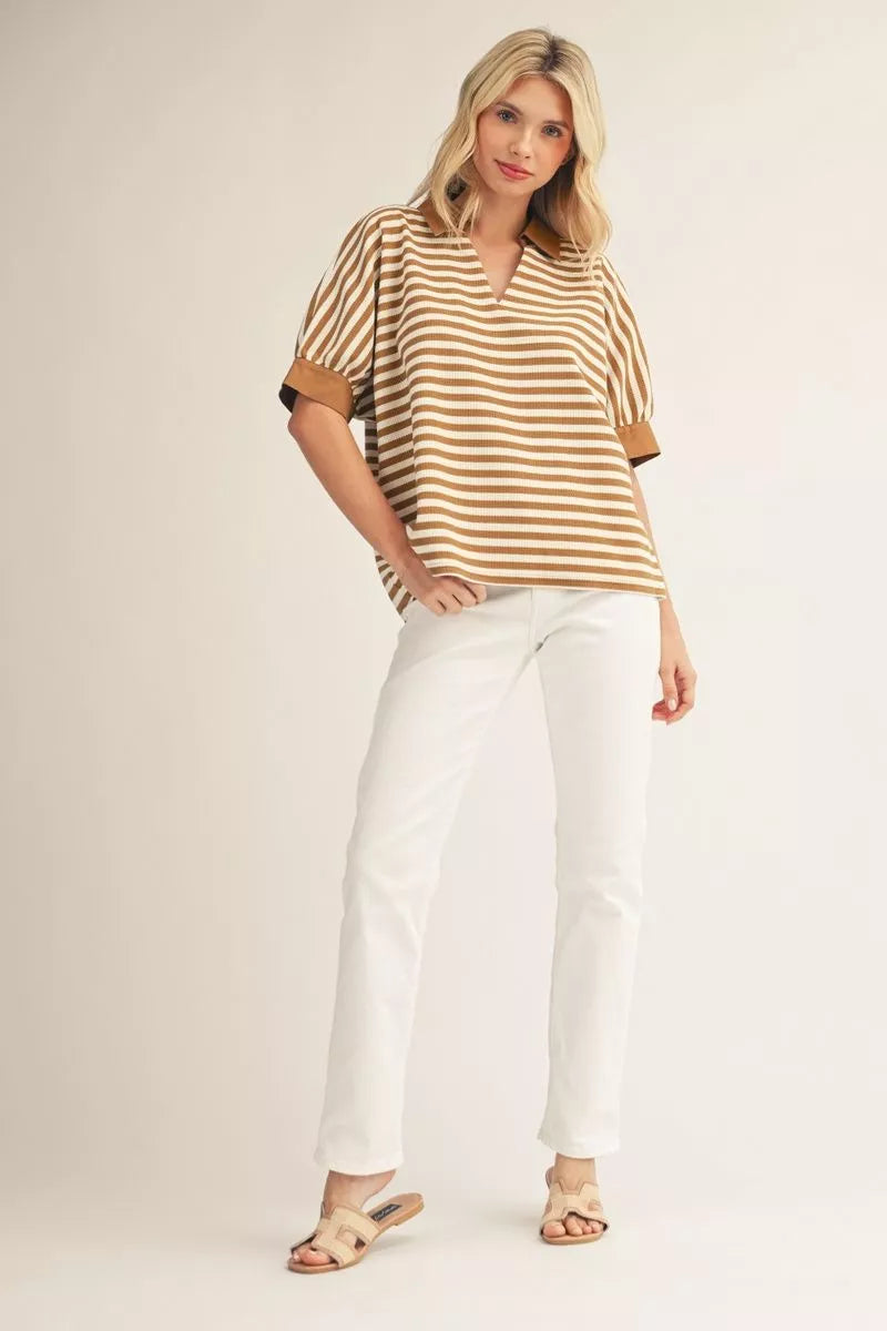 COLLAR STRIPE SS TAUPE TOP