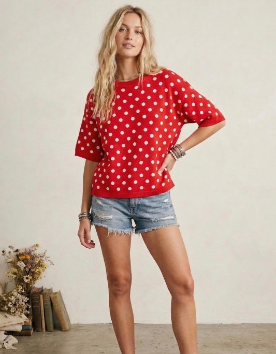 POLKA DOT KNIT RED/WHITE TOP