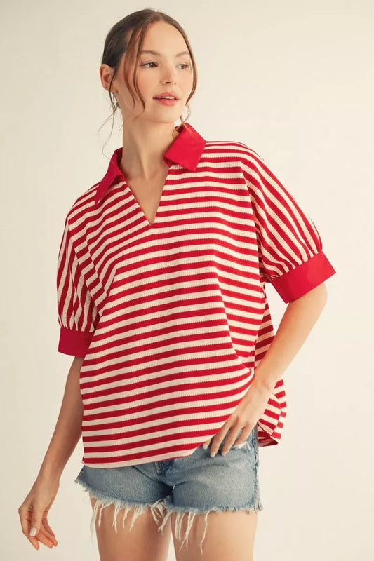 COLLAR STRIPE SS RED TOP