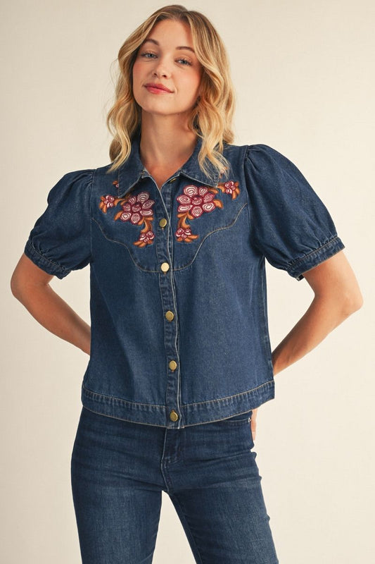 DENIM EMB ACCENT TOP
