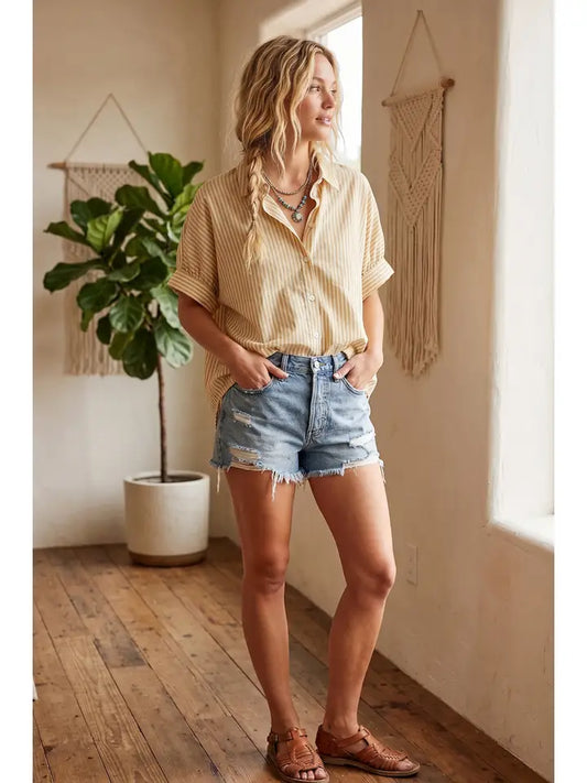 WOVEN BUTTON DOWN TAUPE SS TOP