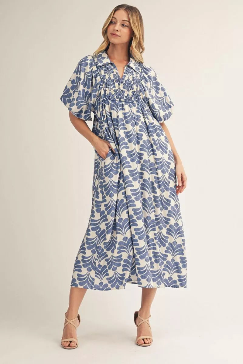 BOHO SMOCKED DENIM DRESS