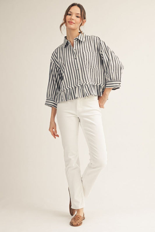 STRIPE RUFFLE NAVY TOP