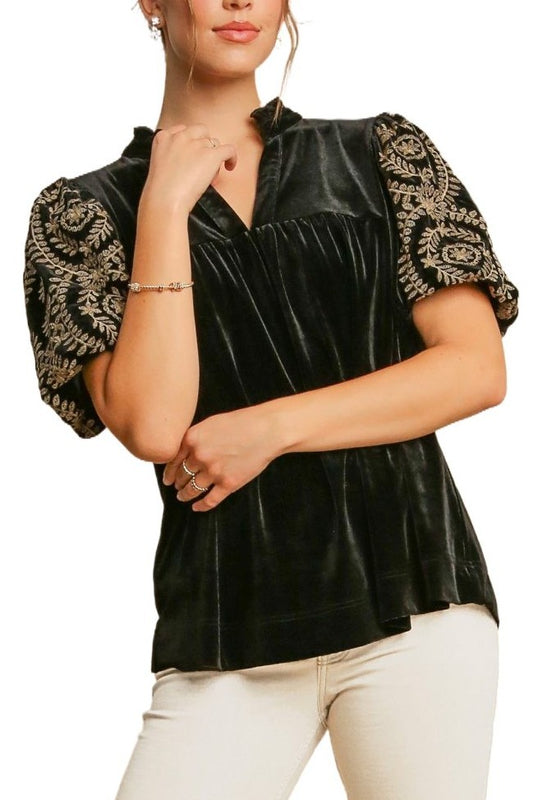VELVET PUFF SLEEVE BLK TOP