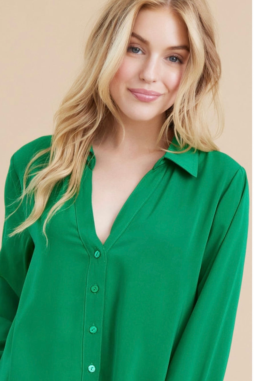 Solid Green Slit Collared LS Top