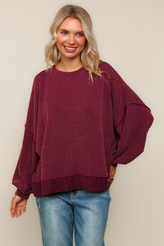 BURGUNDY RIB BANDED SWEATER