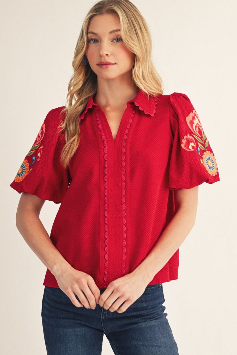EMB TRIM SCALLOP RED TOP
