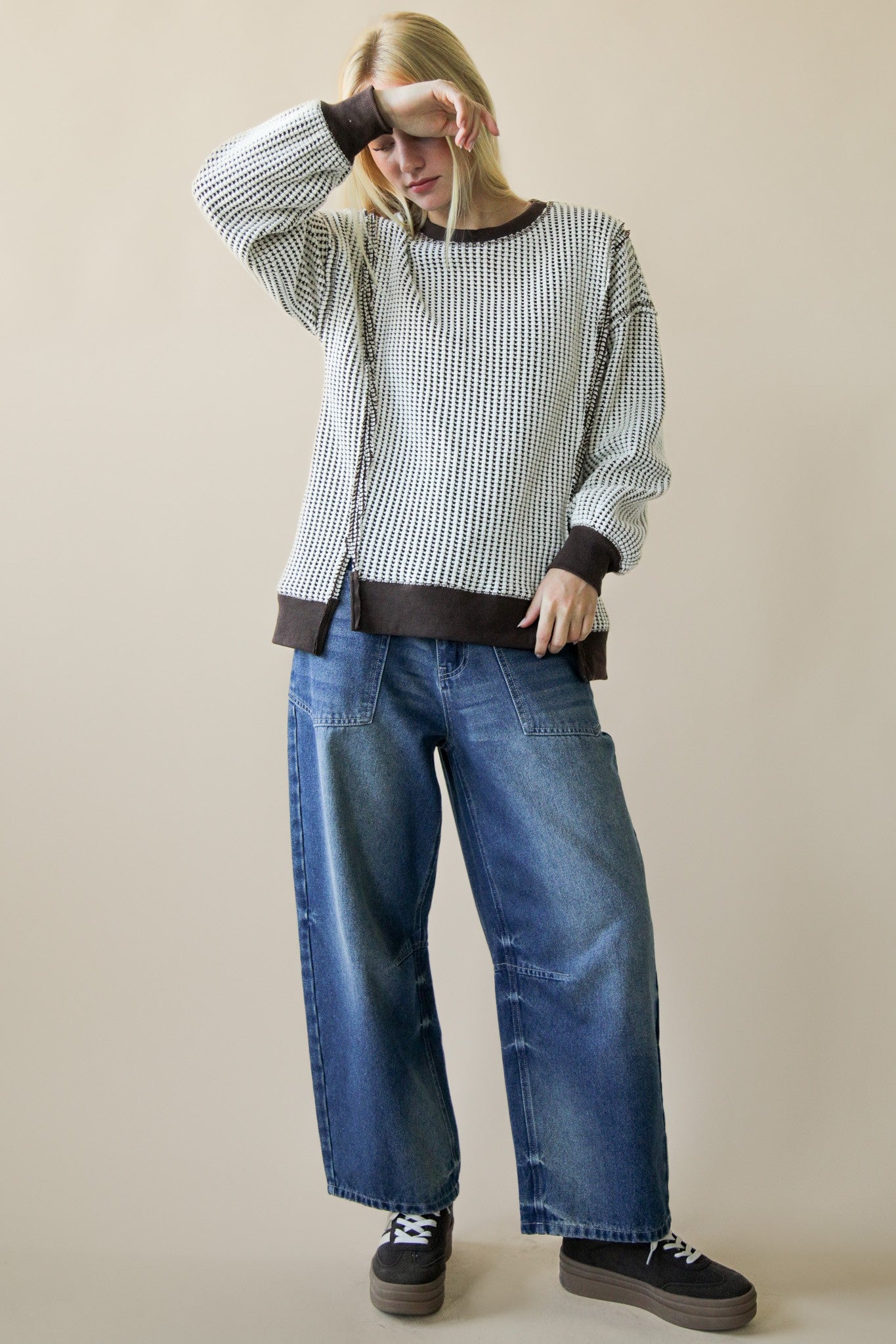 WAFFLE KNIT CHOCOLATE SWEATER