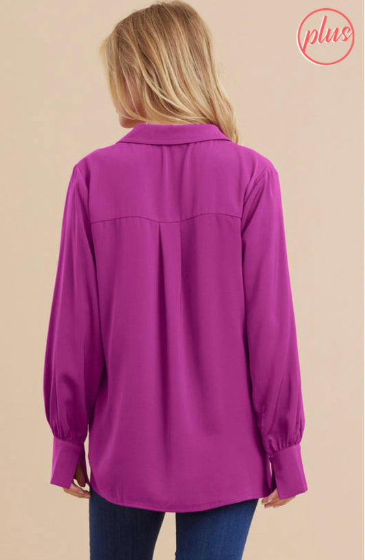 Solid Purple Slit Collared LS Top