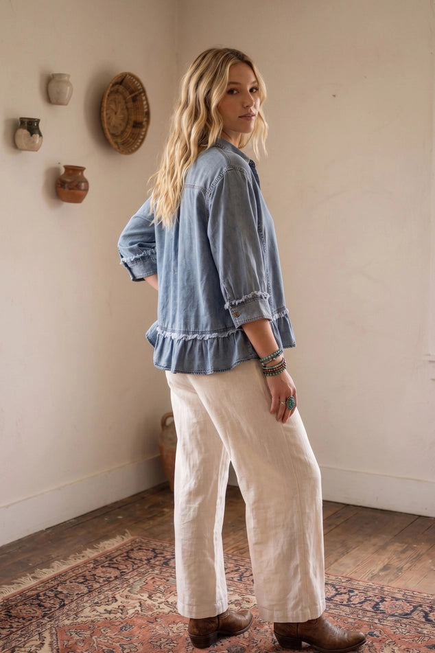 RUFFLE HEM DENIM TOP