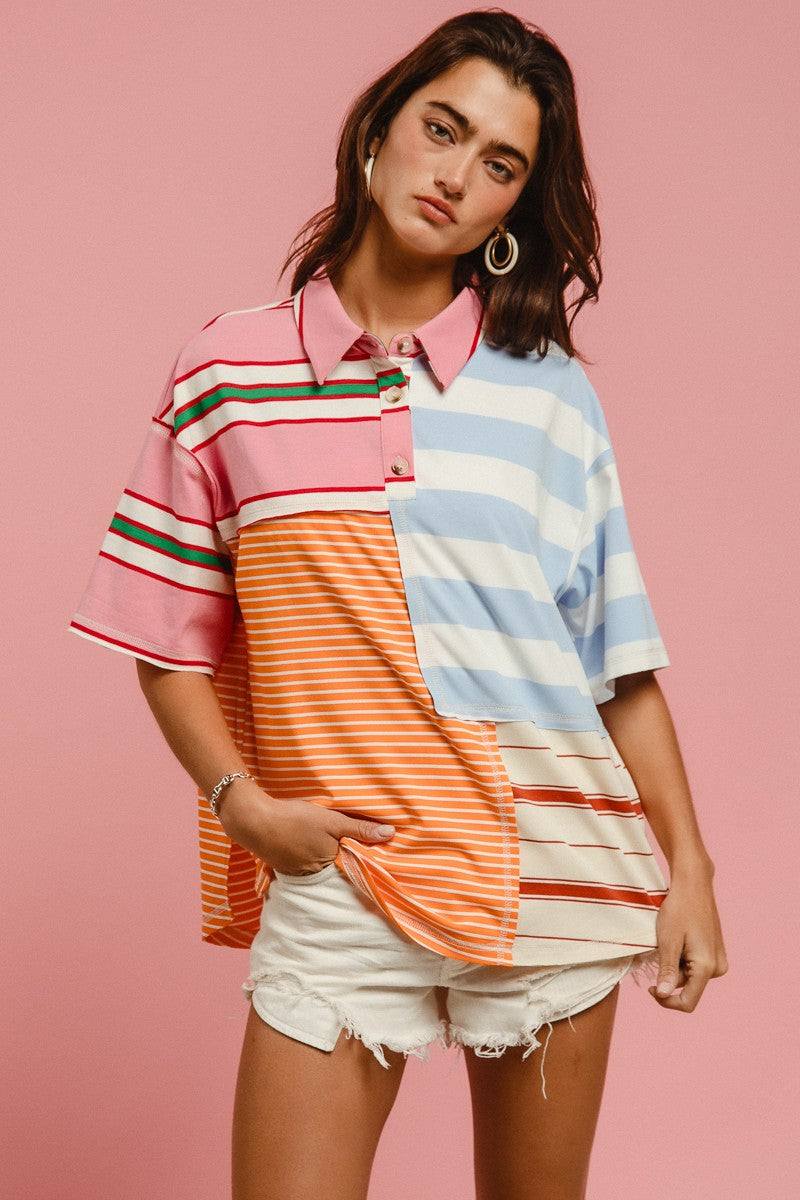 MIX STRIPE COLLAR TOP