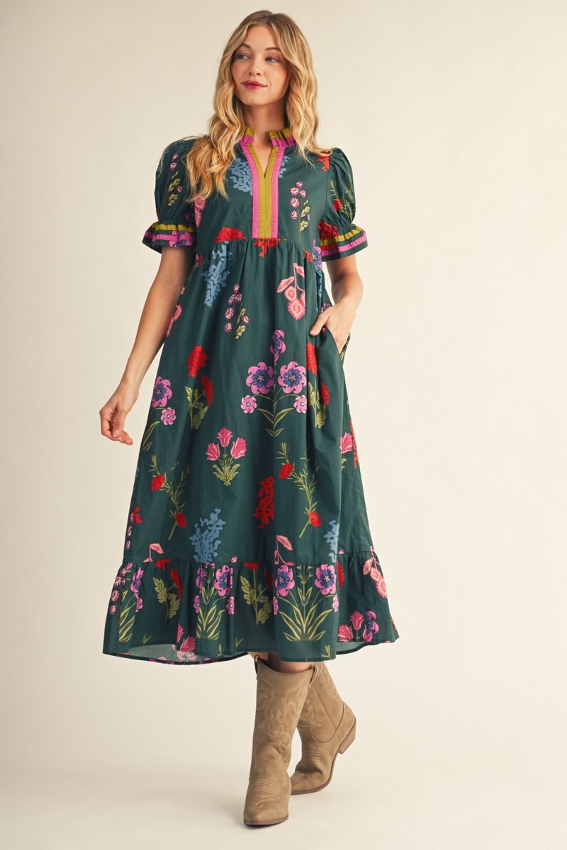FLORAL MIDI HUNTER GREEN DRESS