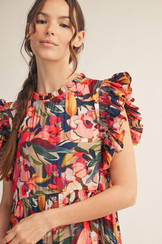 RUFFLED FLORAL MULTI DRESS