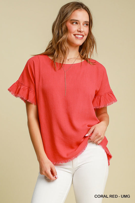 LINEN RUFFLE ROUND NECK CORAL TOP