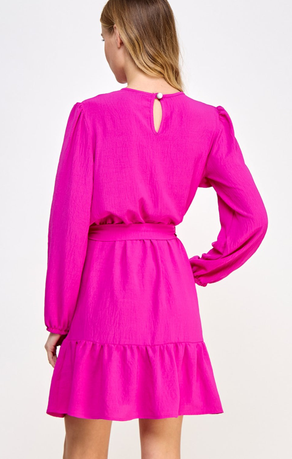 Wmns Yoke LS Fuchsia Dress