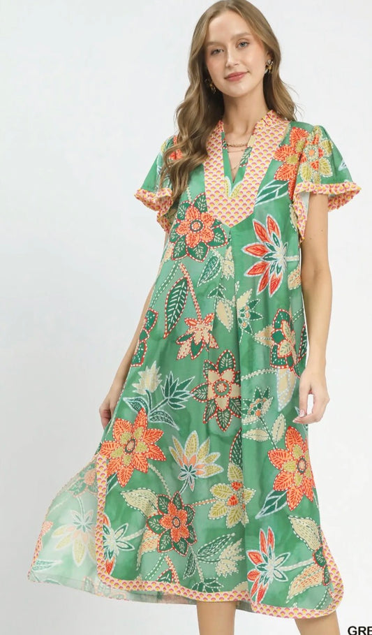 BOHO FLORAL MIDI GREEN MIX DRESS