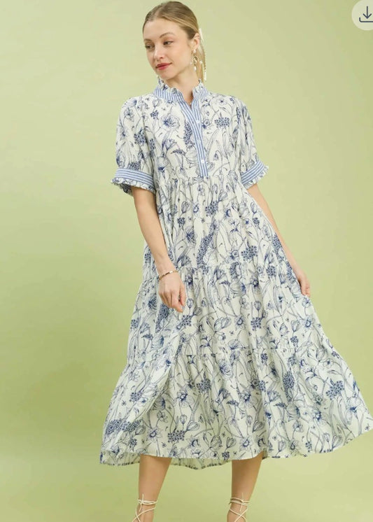 FLORAL TIERED MAXI BLUE DRESS