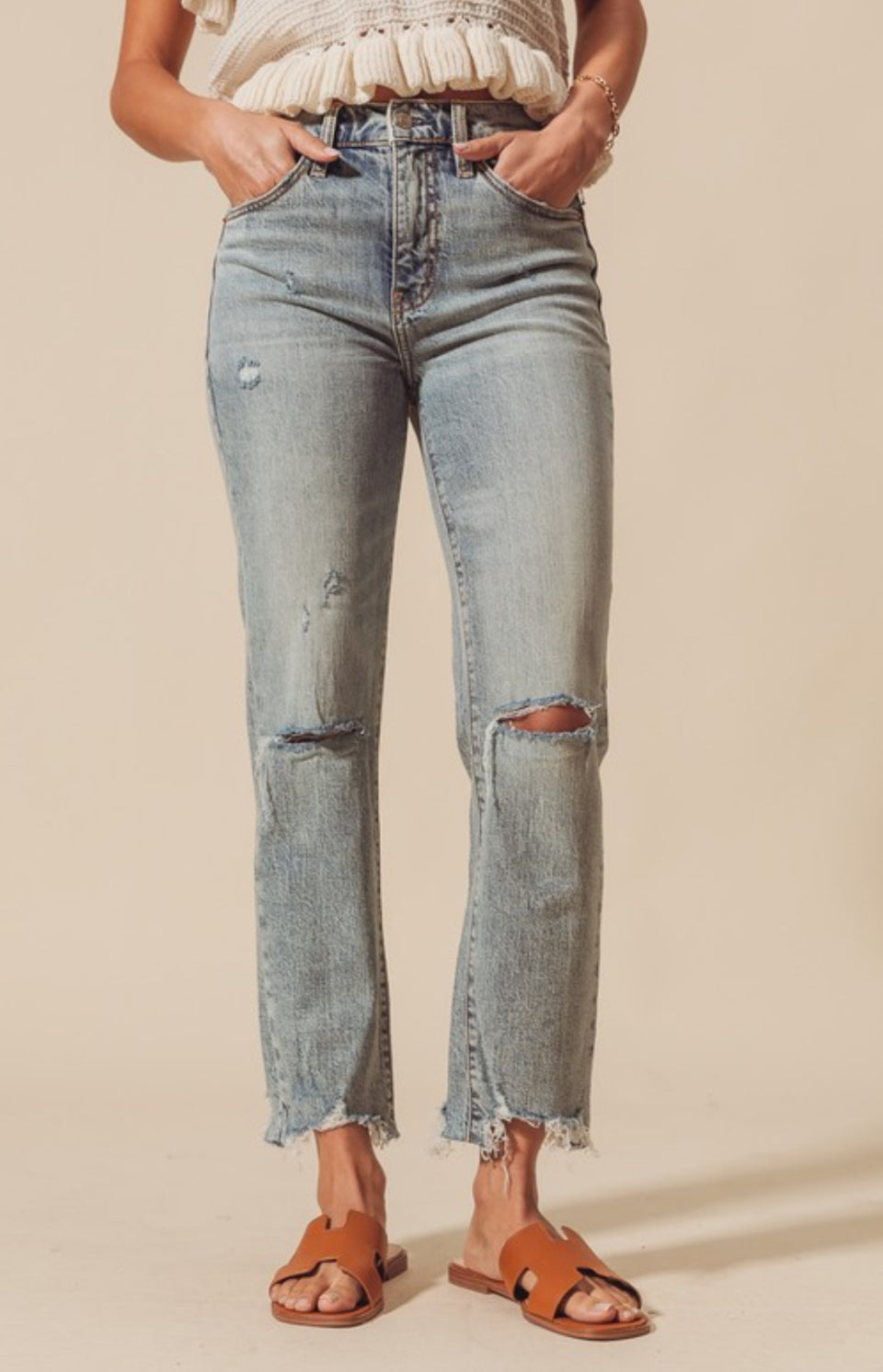 Tapered Raw Hem Jeans