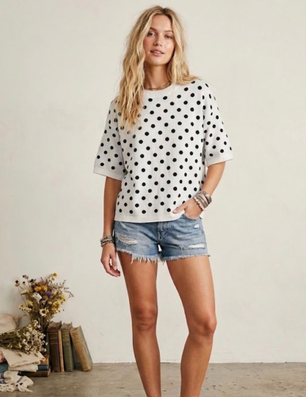 POLKA DOT KNIT WHITE/BLACK TOP