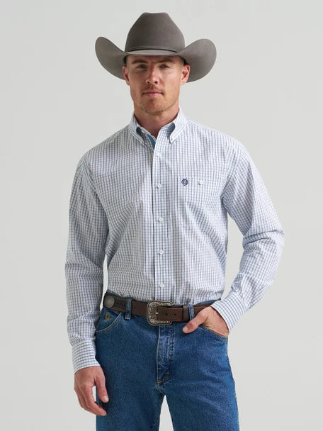 GEORGE STRAIT WHITE/BLUE PLAID LONG SLEEVE