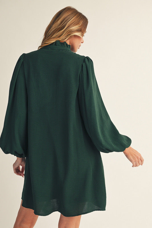 BUTTON 1/4 SLEEVE MIDI HUNTER GREEN DRESS