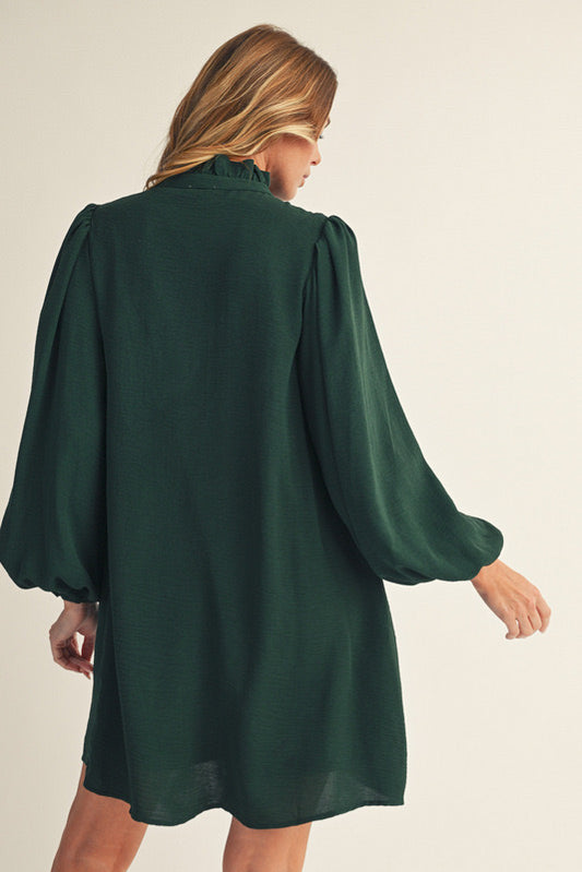 BUTTON 1/4 SLEEVE MIDI HUNTER GREEN DRESS