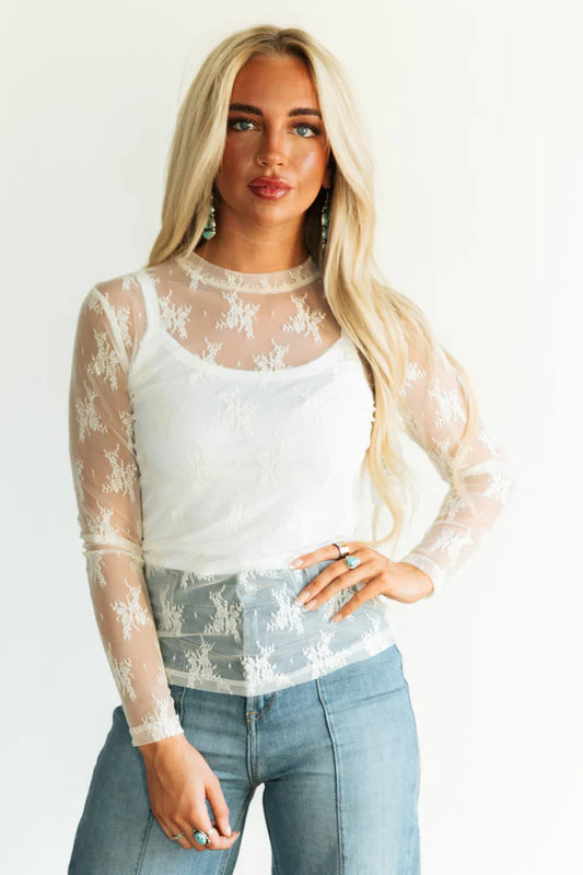 WM LACE IVORY LS TOP