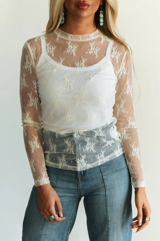 WM LACE IVORY LS TOP