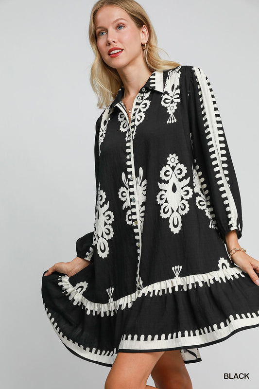 COLLARED WHITE PRINT DRESS