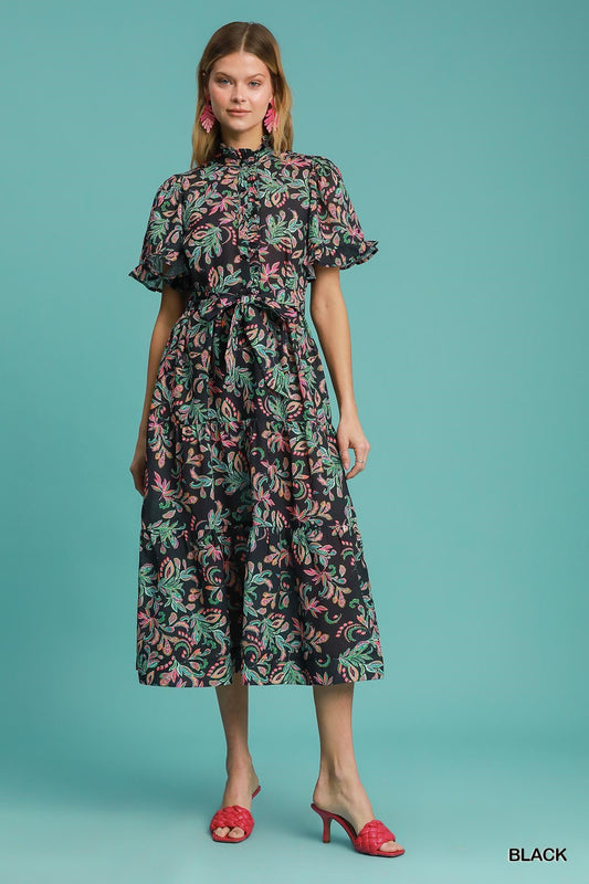 LEAF FLOWER MIDI DRESS