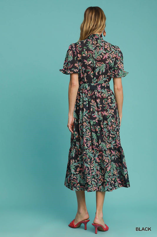 LEAF FLOWER MIDI DRESS