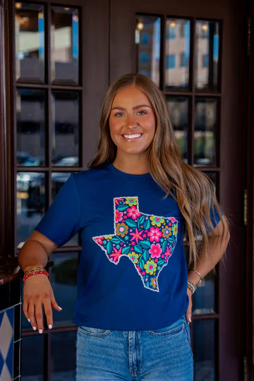 TEXAS STITCHED BLOOM BLUE TEE