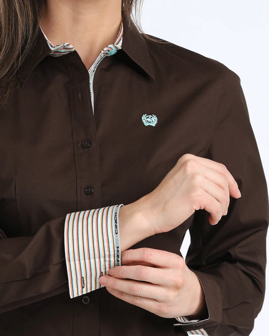 WOMENS SOLID BROWN LS BUTTON DOWN