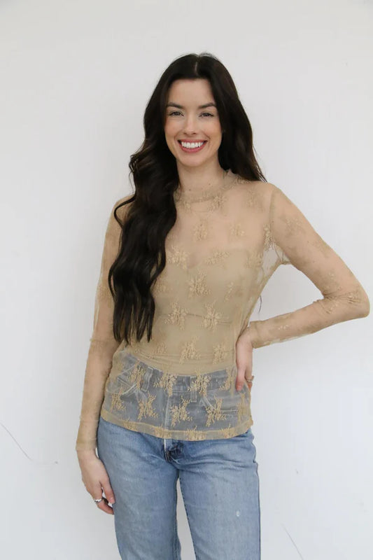 WM LACE TAN LS TOP