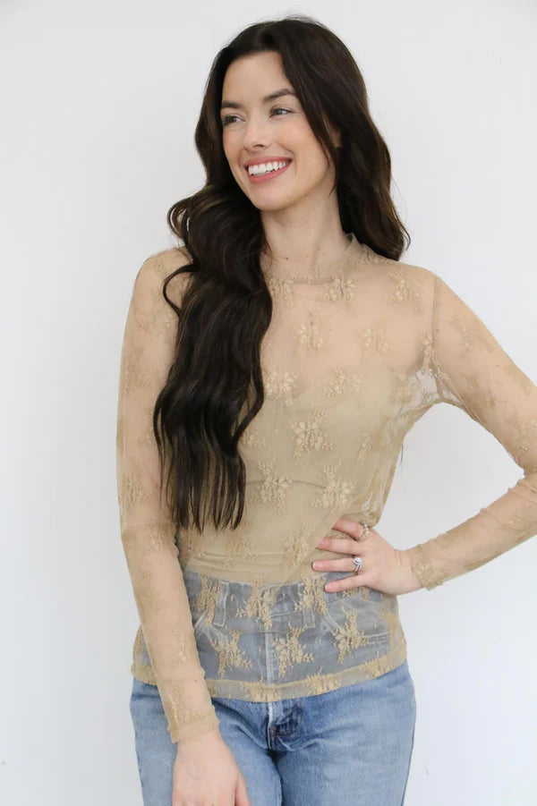 WM LACE TAN LS TOP