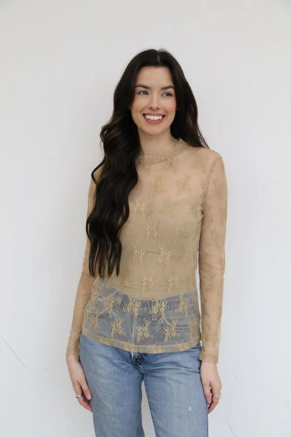 WM LACE TAN LS TOP