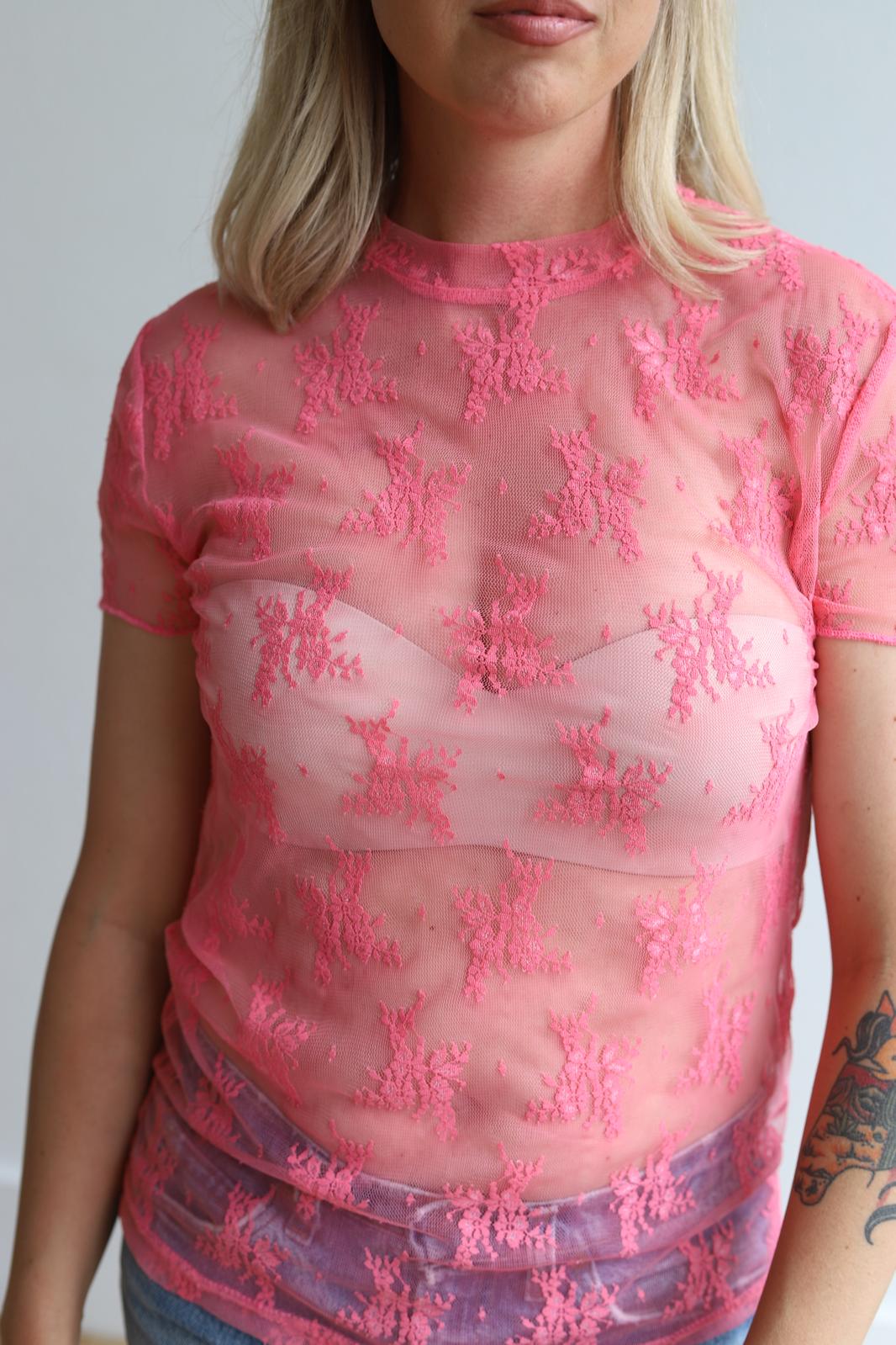 WM LACE PINK LS TOP
