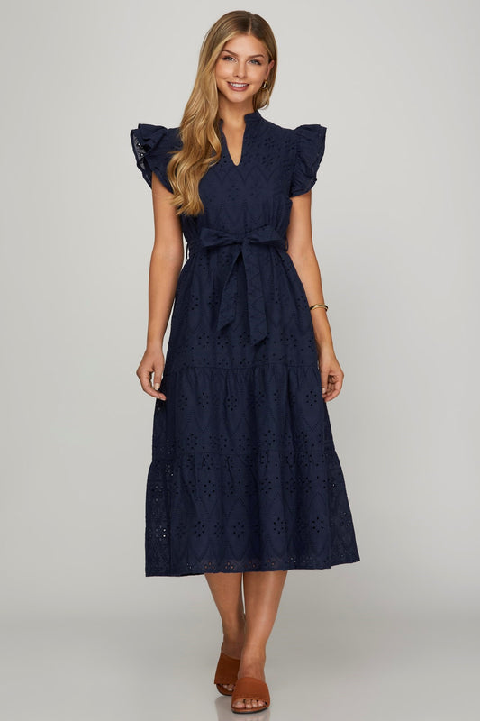 LACE EYELET MIDI DRESS